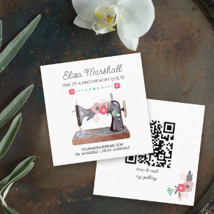 Boho Bloemige Vintage Naaimachine en QR-code Vierkante Visitekaartje