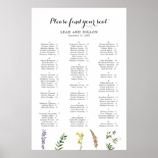Boho bloemige wilde bloem bruiloft zitplaatsenkaar poster (Voorkant)