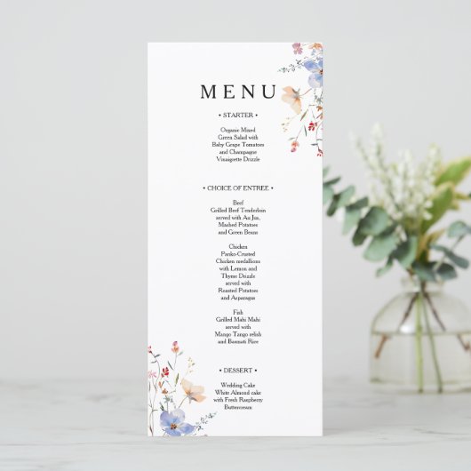 Boho bloemige wilde bloemen trouwdag menu (Staand voorkant)
