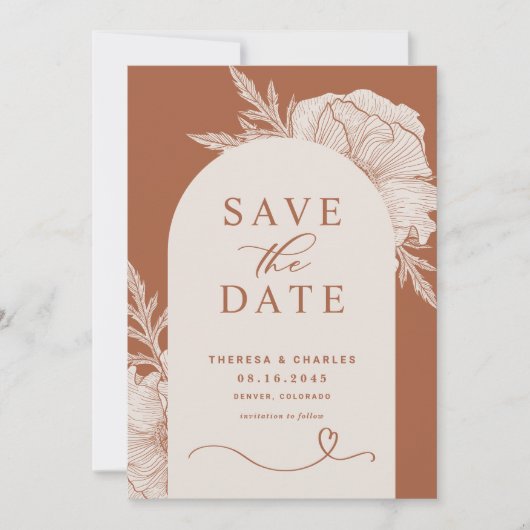 Boho bloemlijn kunst terracotta boog save the date (Voorkant)