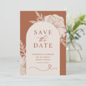 Boho bloemlijn kunst terracotta boog save the date (Staand voorkant)