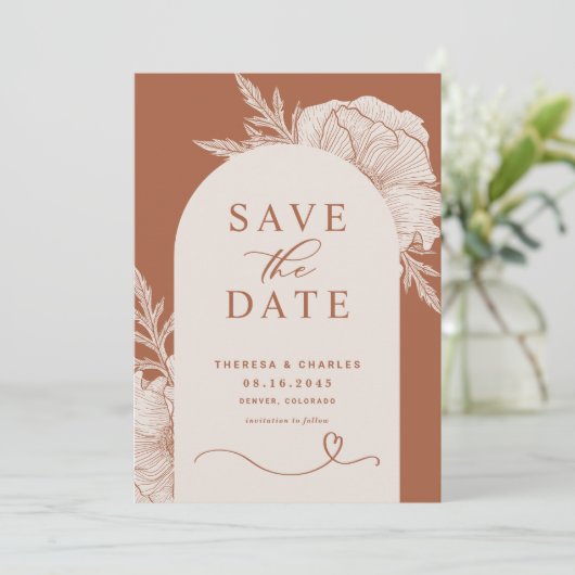Boho bloemlijn kunst terracotta boog save the date (Staand voorkant)