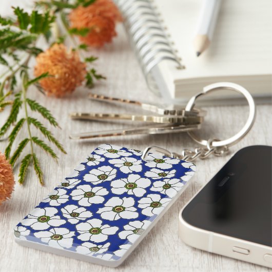 Boho bloemmotief op blauw met naam sleutelhanger (Voorkant Rechts)