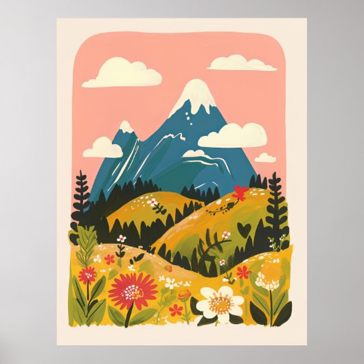 Boho bloemrijke berglandschap illustratie poster (Voorkant)