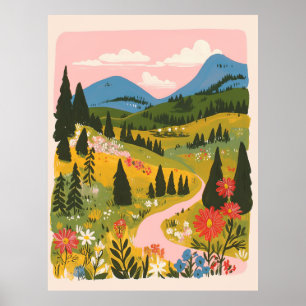 Boho bloemrijke berglandschap illustratie poster