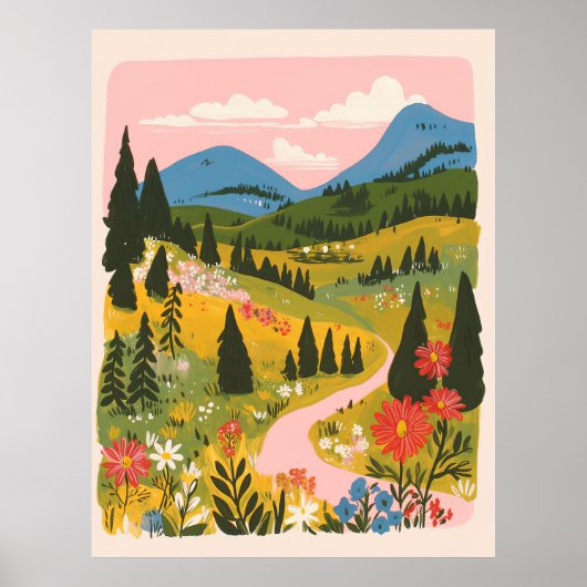 Boho bloemrijke berglandschap illustratie poster (Voorkant)