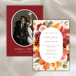 Boho Bloemrijke Bourgogne Romantische Trouwfoto Kaart