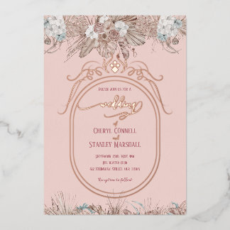 boho bloemrijke roze gouden bruiloft folie uitnodiging