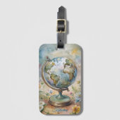Boho Bloemrijke Wereldbol Script Naam Bagagelabel (Voorkant (verticaal))