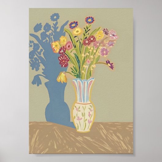 Boho bloemstilleven met blauwe schaduw Modern Fol Poster (Voorkant)