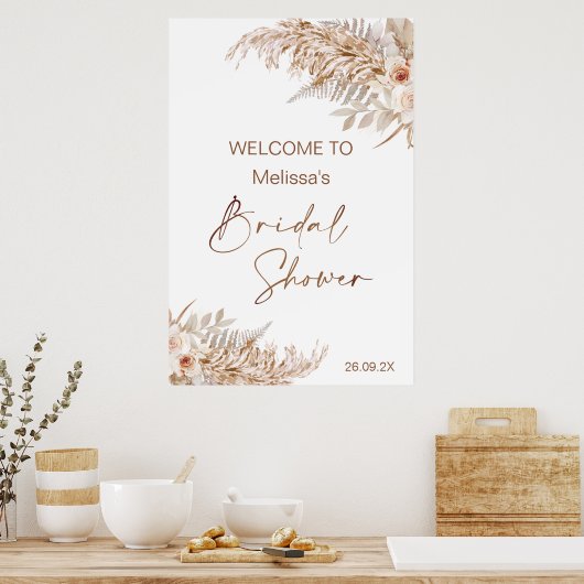 Boho Bloemstuk met Pampas Varens Welkom Bruidsfees Poster (Keuken)