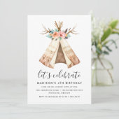 Boho Bloemstuk Teepee | Uitnodiging verjaardagsfee (Staand voorkant)