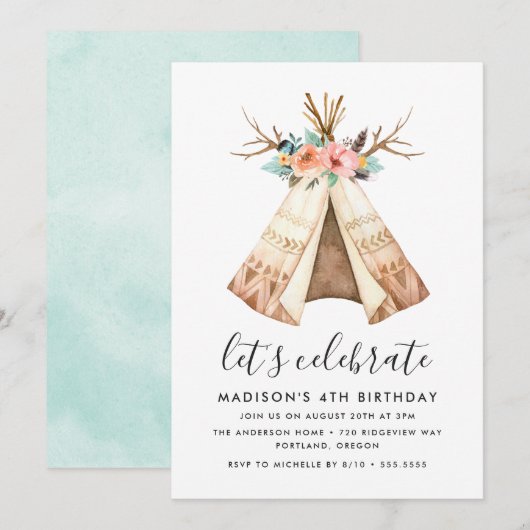 Boho Bloemstuk Teepee | Uitnodiging verjaardagsfee (Voorkant / Achterkant)
