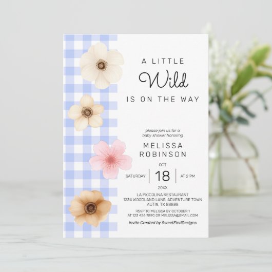 Boho Bloesem Blauw Gingham Baby Jongensdouche Kaart (Staand voorkant)