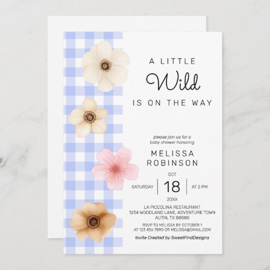 Boho Bloesem Blauw Gingham Baby Jongensdouche Kaart (Voorkant / Achterkant)