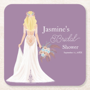 Boho-blonde bruid met bloemen kartonnen onderzetters