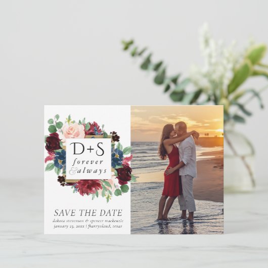 Boho Bloom | Bourgogne en marine Monogram 2 Foto Save The Date (Staand voorkant)