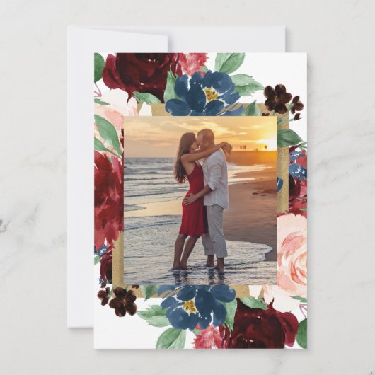 Boho Bloom | Bourgogne en Navy Blue Foto Monogram Kaart (Achterkant)