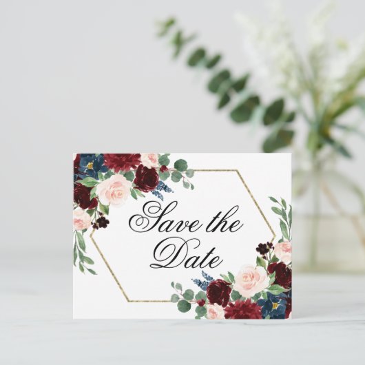 Boho Bloom | Bourgogne Red en Navy Save the Date Briefkaart (Staand voorkant)