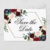 Boho Bloom | Bourgogne Red en Navy Save the Date Briefkaart (Voorkant)