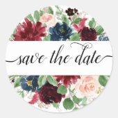 Boho Bloom | Bourgogne Red en Navy Save the Date Ronde Sticker (Voorkant)