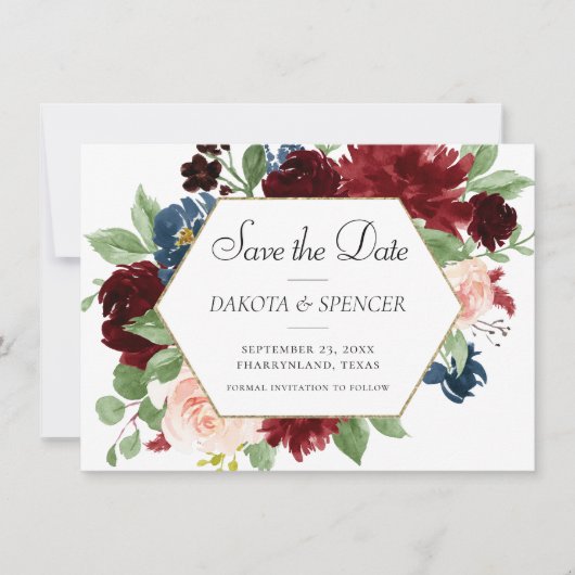 Boho Bloom | Bourgogne Rood en Blauw Datum Verande Save The Date (Voorkant)
