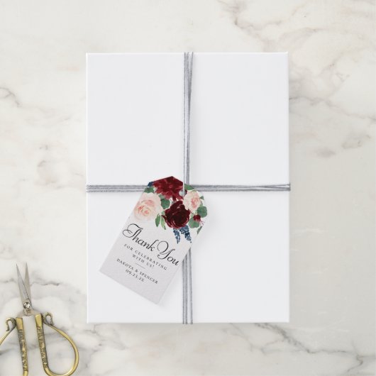 Boho Bloom | Bourgogne Rood en Marineblauw Dank je Cadeaulabel (Met Touw)