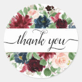 Boho Bloom | Bourgogne Rood en Navy Blauw Dank u Ronde Sticker (Voorkant)