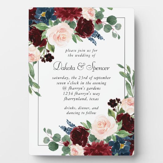 Boho Bloom | Bourgogne Rood en Navy Blauw Keepsake Fotoplaat (voorkant)