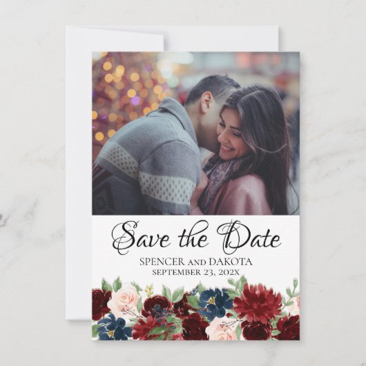 Boho Bloom | Bourgogne Rood en Navy Blue 2 Foto Save The Date (Voorkant)