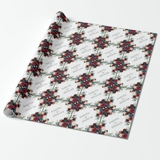 Boho Bloom | Bourgogne Rood en Navy Blue Custom Cadeaupapier (Uitgerold)