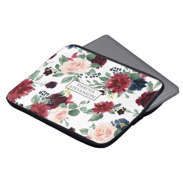 Boho Bloom | Bourgogne Rood en Navy Blue Custom Laptop Sleeve (Voorkant top)