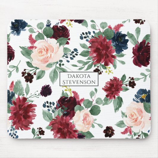 Boho Bloom | Bourgogne Rood en Navy Blue Custom Muismat (Voorkant)