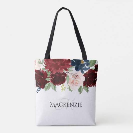 Boho Bloom | Bourgogne Rood en Navy Blue Custom Tote Bag (Achterkant)