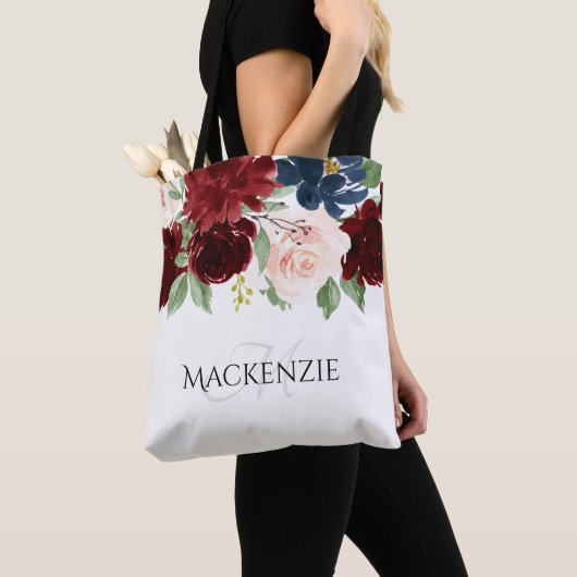 Boho Bloom | Bourgogne Rood en Navy Blue Custom Tote Bag (Dichtbij)