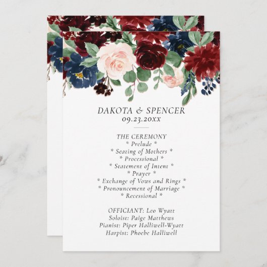 Boho Bloom | Bourgogne Rood en Navy Blue Garland Programmakaart (Voorkant / Achterkant)