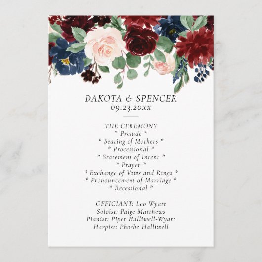 Boho Bloom | Bourgogne Rood en Navy Blue Garland Programmakaart (Voorkant)