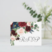 Boho Bloom | Bourgogne Rood en Navy Blue RSVP Briefkaart (Staand voorkant)