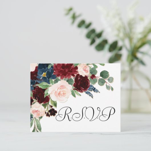 Boho Bloom | Bourgogne Rood en Navy Blue RSVP Briefkaart (Staand voorkant)
