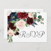 Boho Bloom | Bourgogne Rood en Navy Blue RSVP Briefkaart (Voorkant / Achterkant)