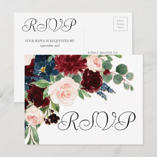 Boho Bloom | Bourgogne Rood en Navy Blue RSVP Briefkaart (Voorkant / Achterkant)