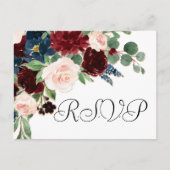 Boho Bloom | Bourgogne Rood en Navy Blue RSVP Briefkaart (Voorkant)