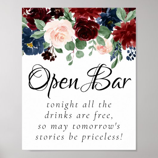 Boho Bloom | Bourgondië Blush en Navy Open Bar Poster (Voorkant)