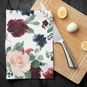 Boho Bloom   Bourgondisch rood en marineblauw patr Theedoek