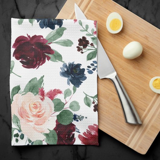 Boho Bloom | Bourgondisch rood en marineblauw patr Theedoek