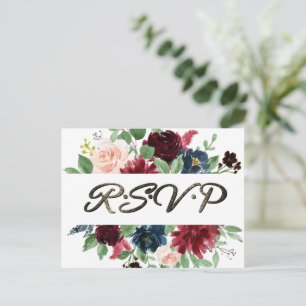 Boho Bloom   Bourgondisch rood en marineblauw Roos Briefkaart