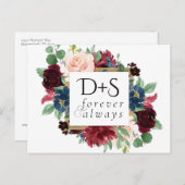 Boho Bloom | Bourgondische marine Monogram Save th Aankondigingskaart (Voorkant / Achterkant)