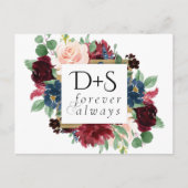 Boho Bloom | Bourgondische marine Monogram Save th Aankondigingskaart (Voorkant)