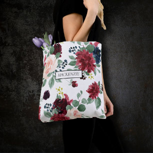 Boho Bloom Bourgondische rode en marine blauwe b Tote Bag