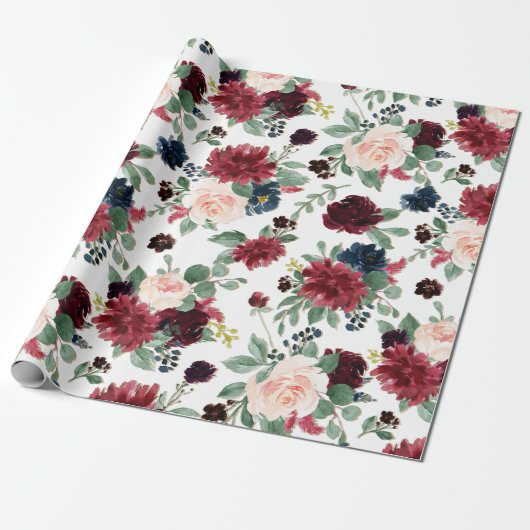 Boho Bloom | Bourgondische rustieke blauw en rood Cadeaupapier (Uitgerold)